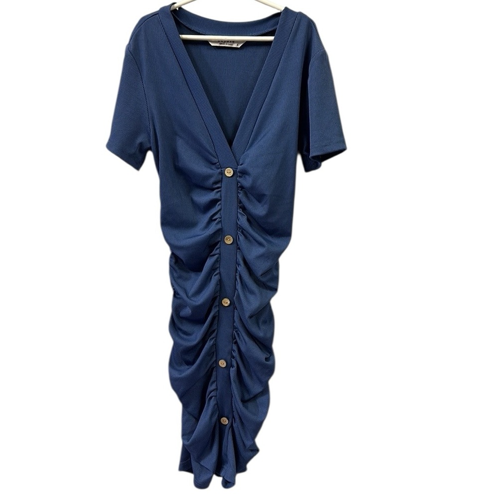Beyove Blue Ruched Bodycon Ribbed V Neck Button Front Short Sleeve Mini Dress S - Picture 9 of 12